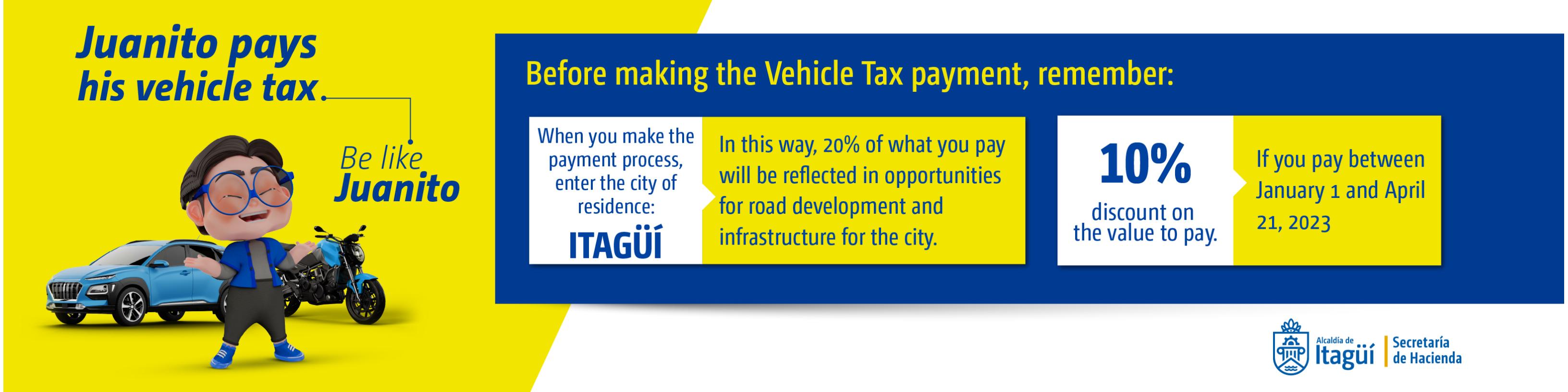 Juanito pays his vehicle tax. Remember that until April 21 you will have a 10% discount on the value to pay.
If you put Itagüí in the city of residence, 20% of what you pay will be reflected in development opportunities for our city